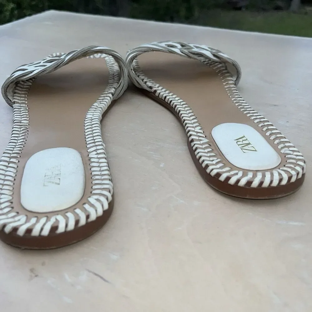 Zara Womens Leather Cow Leather Flat Braided/Woven Square Sandals Size 41 (10) - Picture 5 of 7